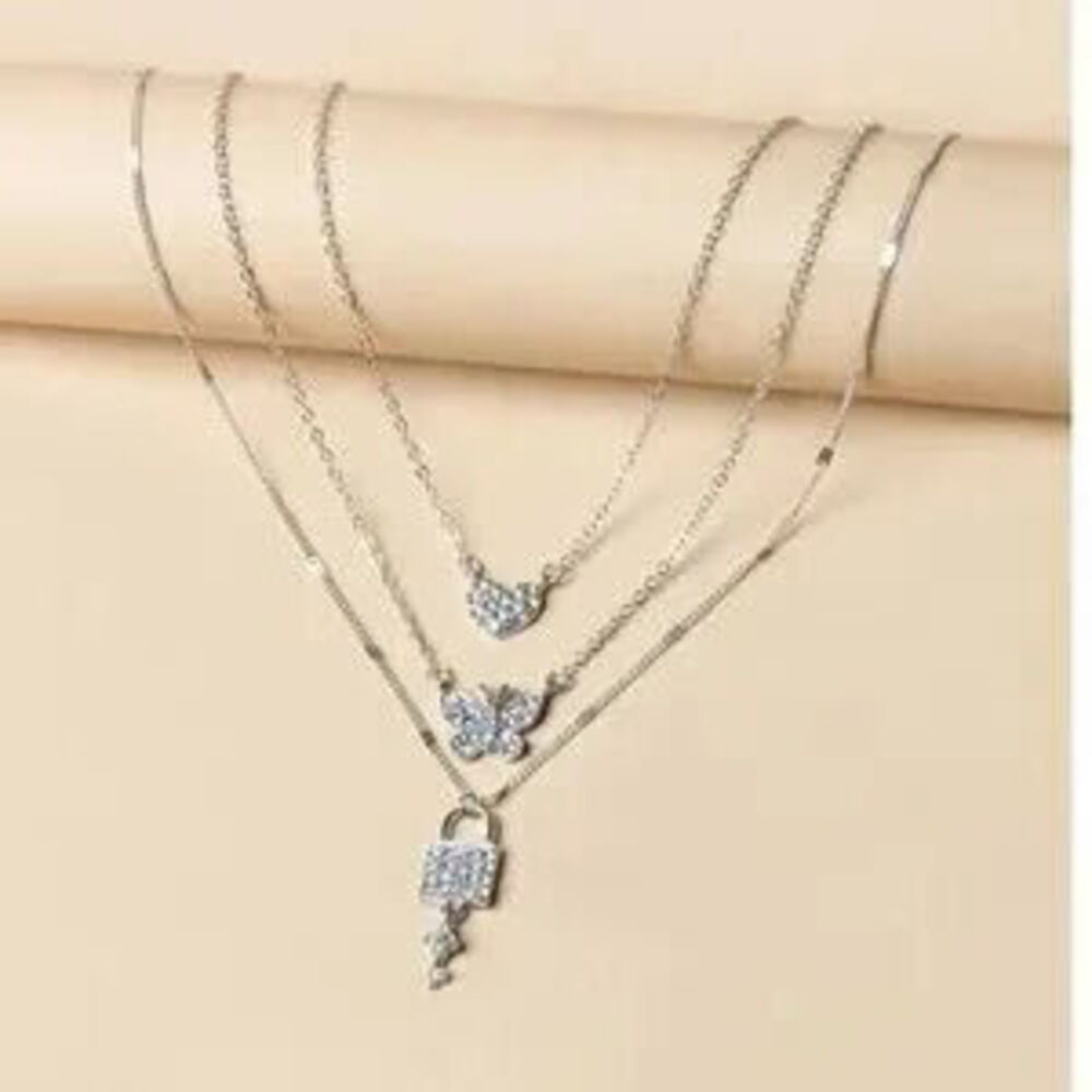 Luxe Rhinestone Lock Key Heart Multilayer Necklace - Picture 2 of 5